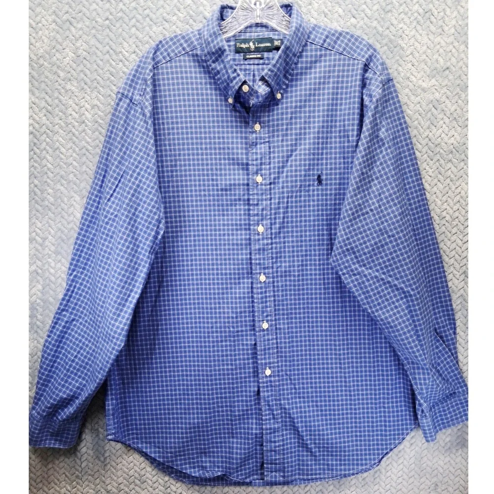 Ralph Lauren Classic Fit Blue White Check Button Down Shirt Mens 17.5 34/35 XL
